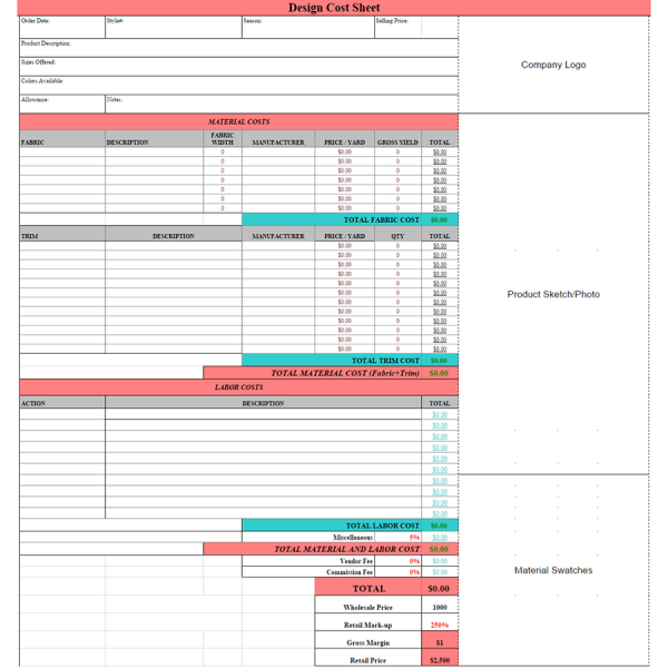 Designer Costing Sheet Template 2