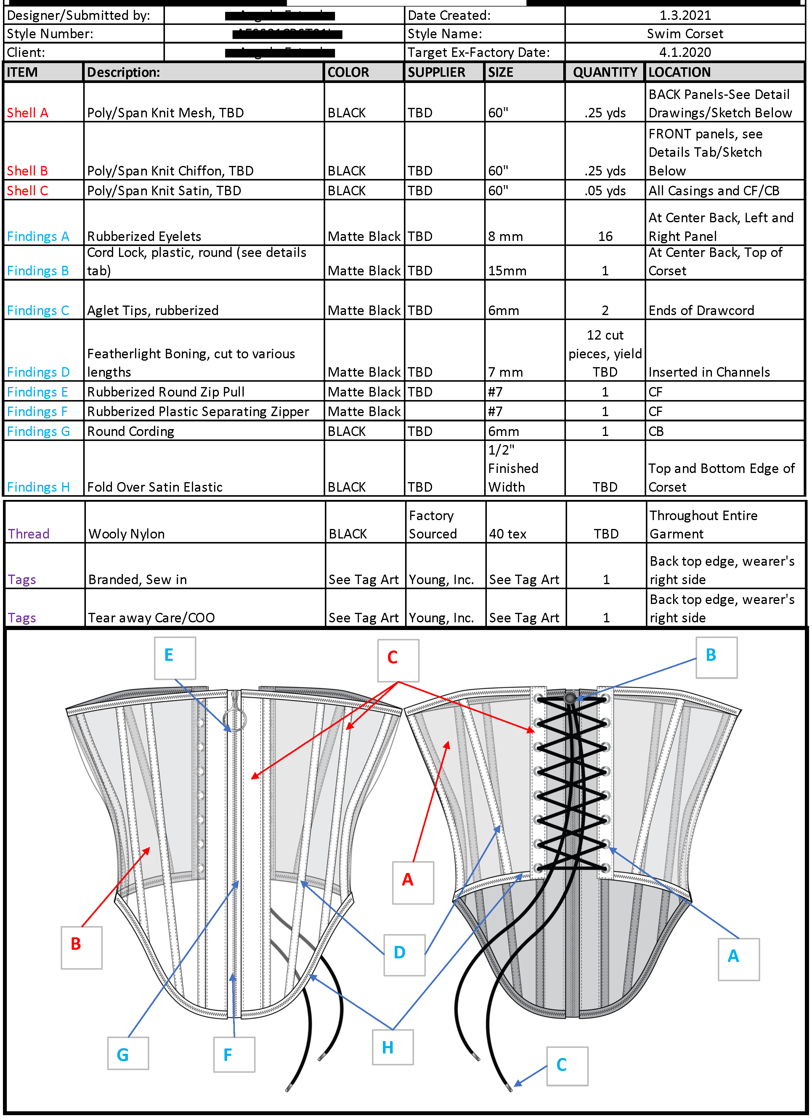 Bill of Materials BOM Corset